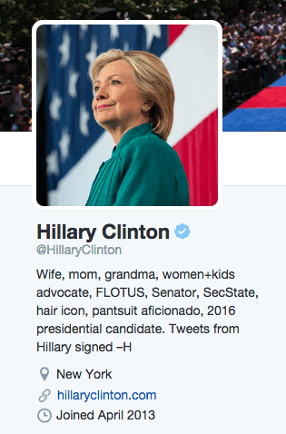 Twitter Bio of Hilary Clinton