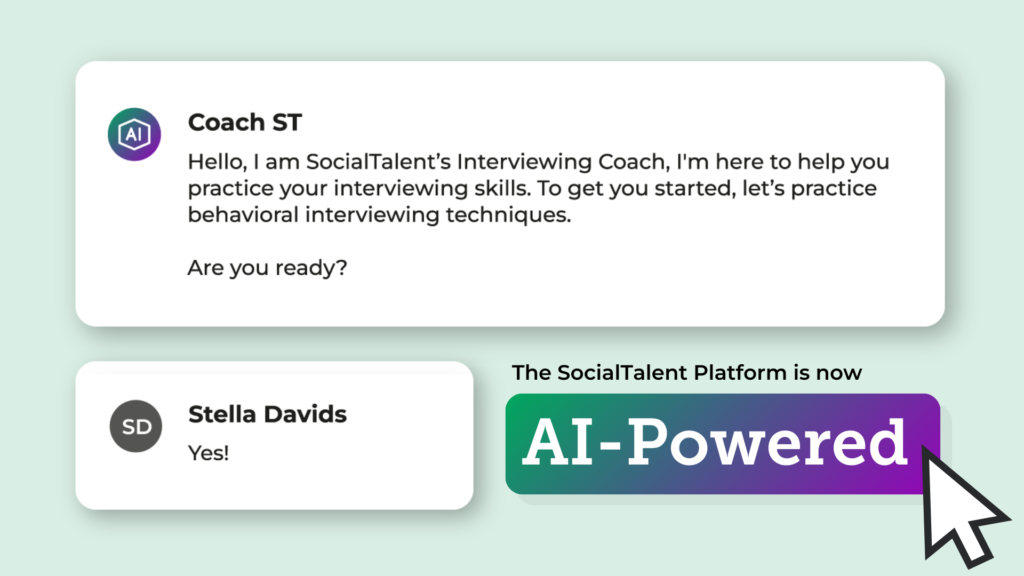 An image illustrating the AI-enabled activities on the SocialTalent platform. There are two speech bubbles.